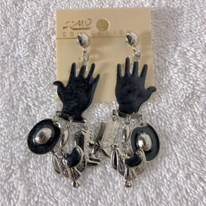 Vintage Black Silver Tone Metal Cowboy Hat Cowboy Boots Saddle Hand Earrings
